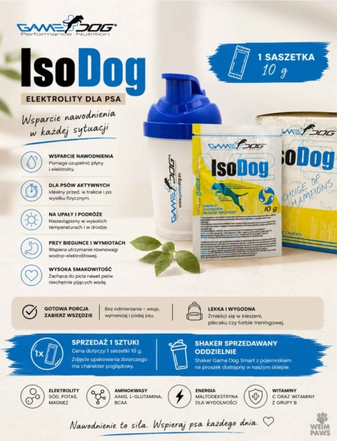 Elektrolity dla psa Game Dog IsoDog – saszetka 10 g . Shaker sprzedawany oddzielnie.