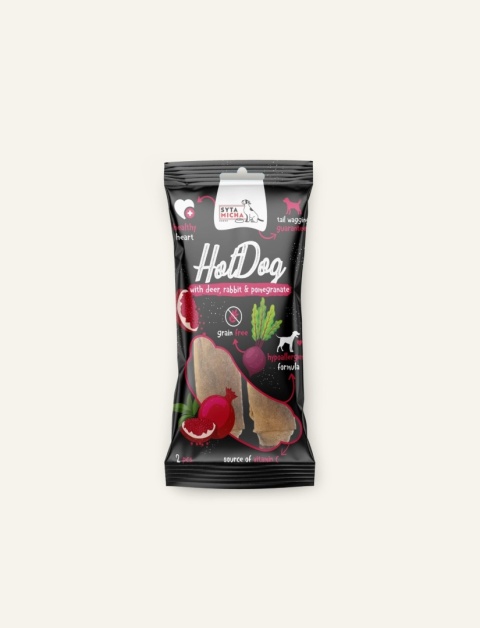 Hot Dog dla psa - naturalny przysmak dziczyzny z królikiem i granatem w skórze jelenia