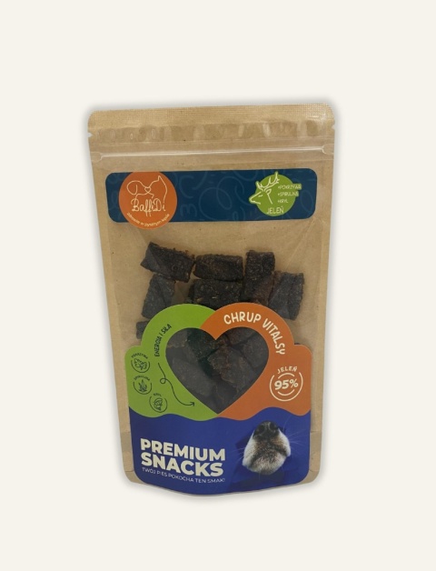 JELEŃ-Mięsne kąski z jelenia z pokrzywą, spiruliną i krylem dla psa 90 g - ChrupVitalsy BaffiDi