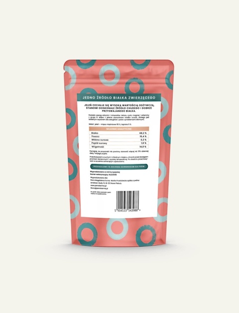 PERRO Daj Dwa Jeleń 85 g - tył opakowania naturalnych, monobiałkowych przysmaków treningowych dla psa