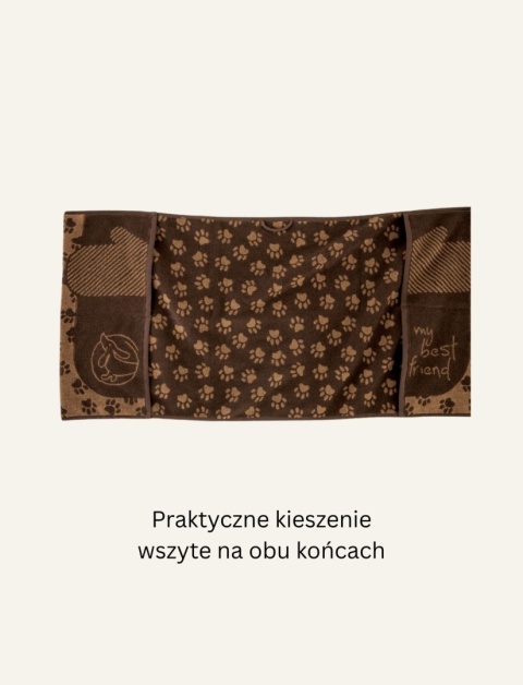Duży ręcznik dla psa i kota ZWOLTEX BEST FRIEND 50x100 cm brązowy chłonny do osuszania pupila z praktycznymi kieszeniami